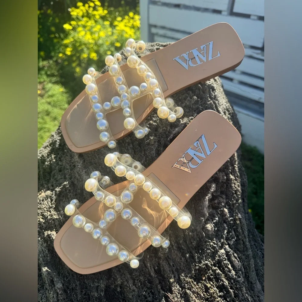 Zara Tan Pearl Embellished Sandals, Size 37(7) - Picture 8 of 10